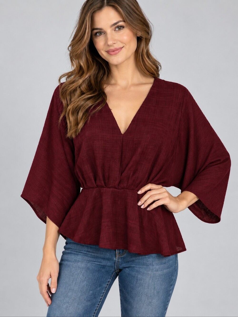LONDON ROSE Burgundy Plum Deep V Surplice Peplum Dolman Sleeve Top